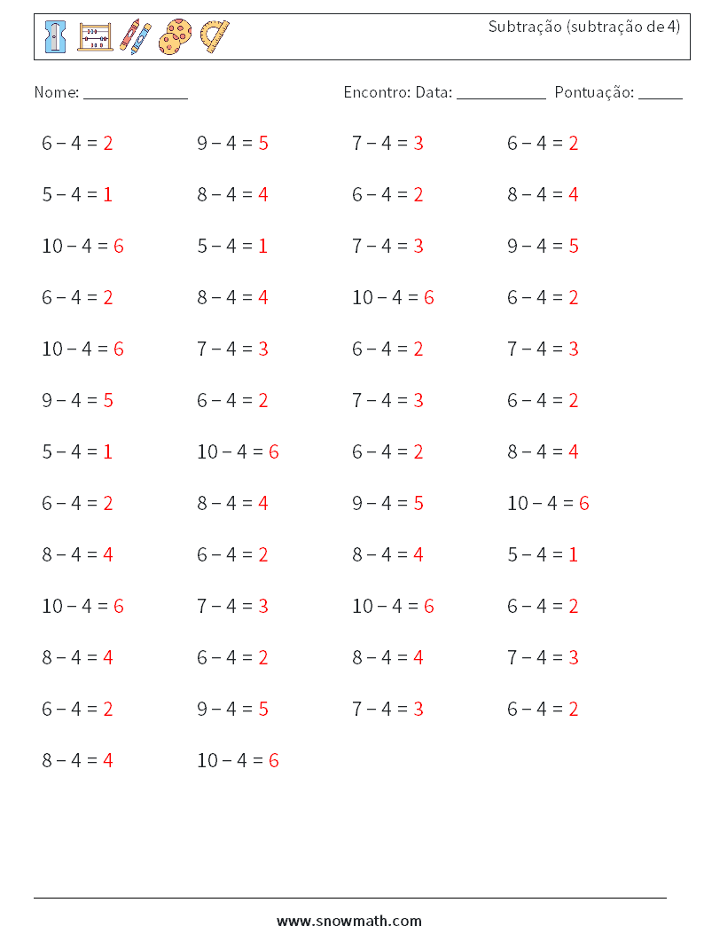 (50) Subtração (subtração de 4) planilhas matemáticas 7 Pergunta, Resposta