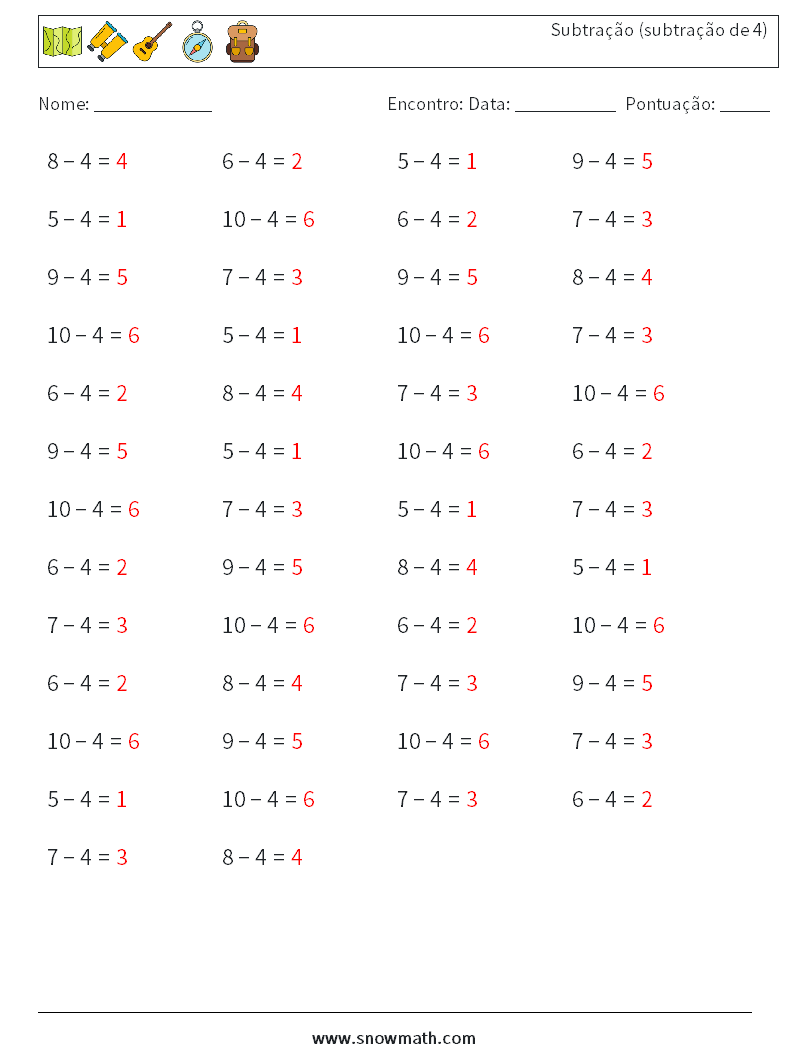 (50) Subtração (subtração de 4) planilhas matemáticas 8 Pergunta, Resposta