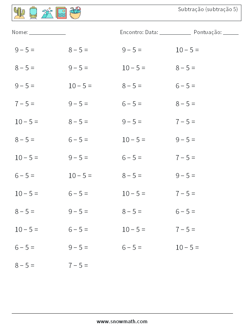 (50) Subtração (subtração 5) planilhas matemáticas 1