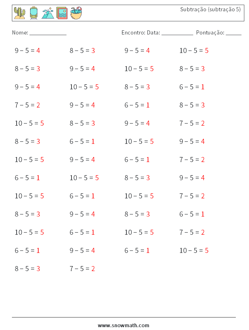 (50) Subtração (subtração 5) planilhas matemáticas 1 Pergunta, Resposta