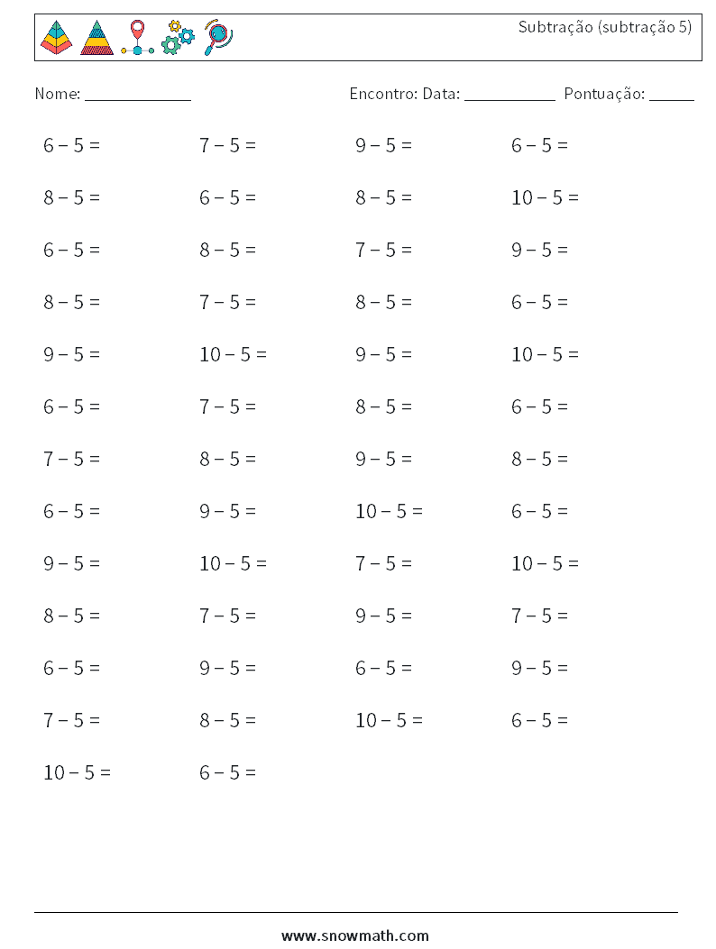 (50) Subtração (subtração 5) planilhas matemáticas 2