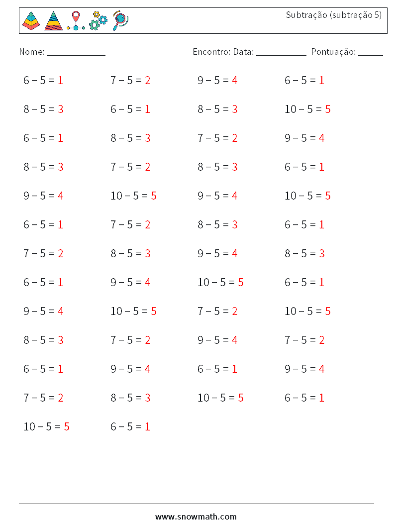 (50) Subtração (subtração 5) planilhas matemáticas 2 Pergunta, Resposta