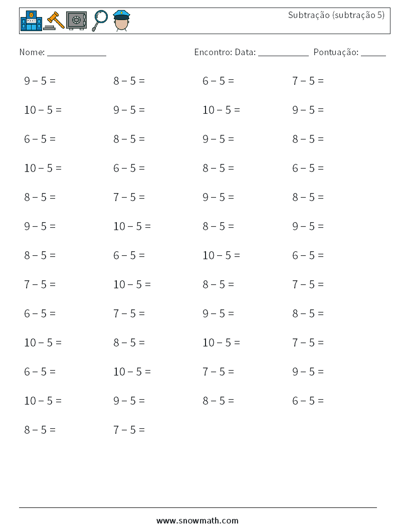 (50) Subtração (subtração 5) planilhas matemáticas 4
