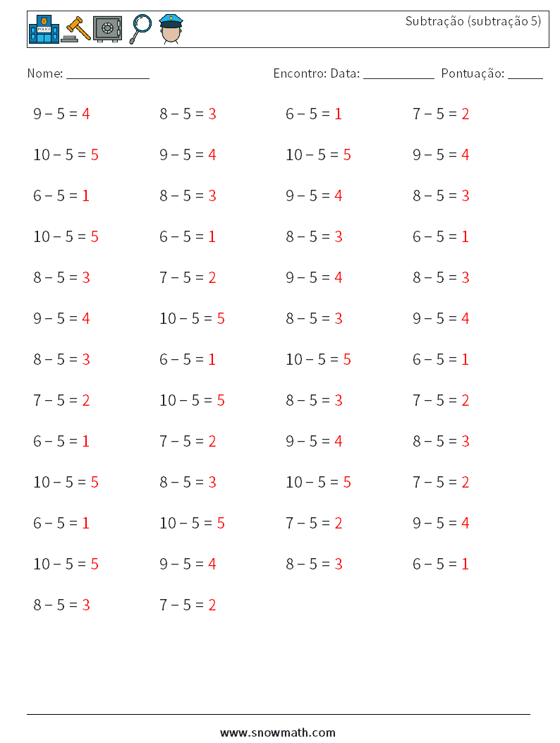 (50) Subtração (subtração 5) planilhas matemáticas 4 Pergunta, Resposta