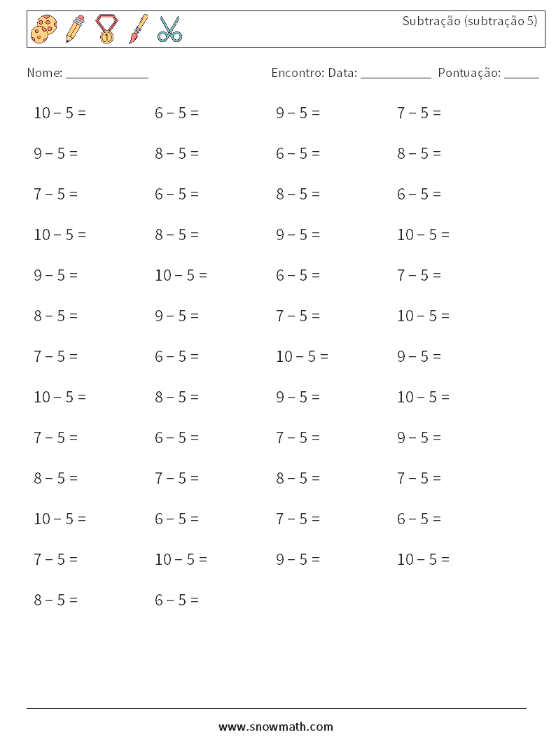 (50) Subtração (subtração 5) planilhas matemáticas 6