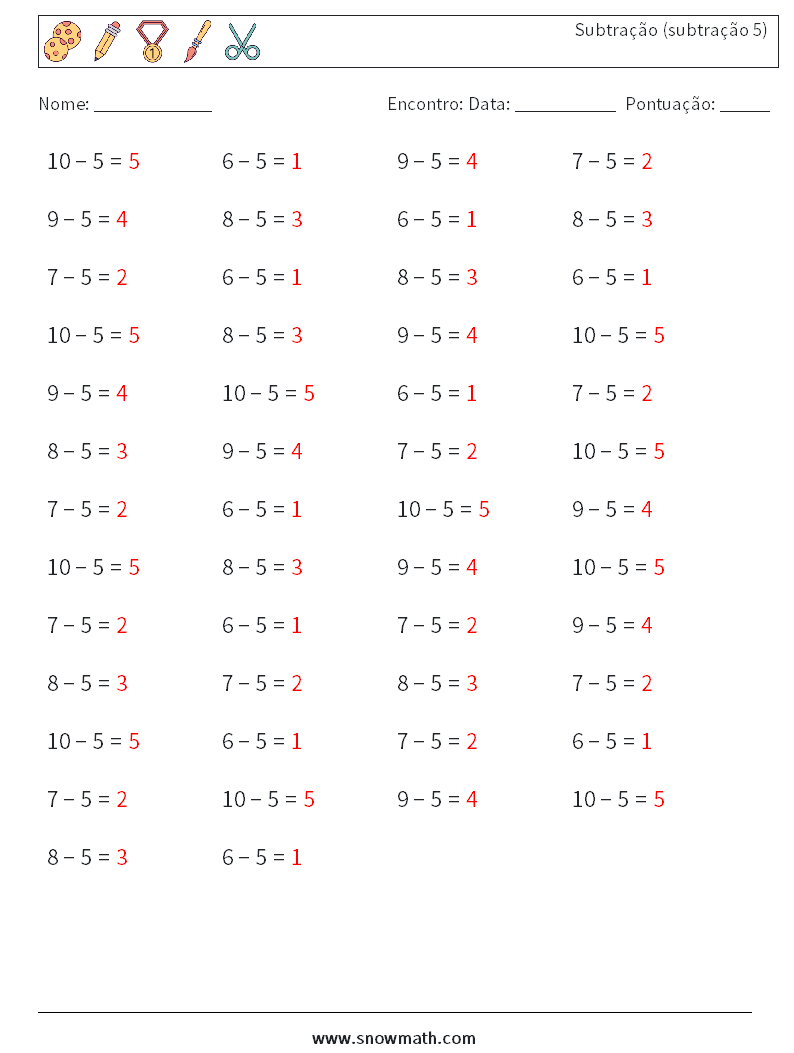 (50) Subtração (subtração 5) planilhas matemáticas 6 Pergunta, Resposta