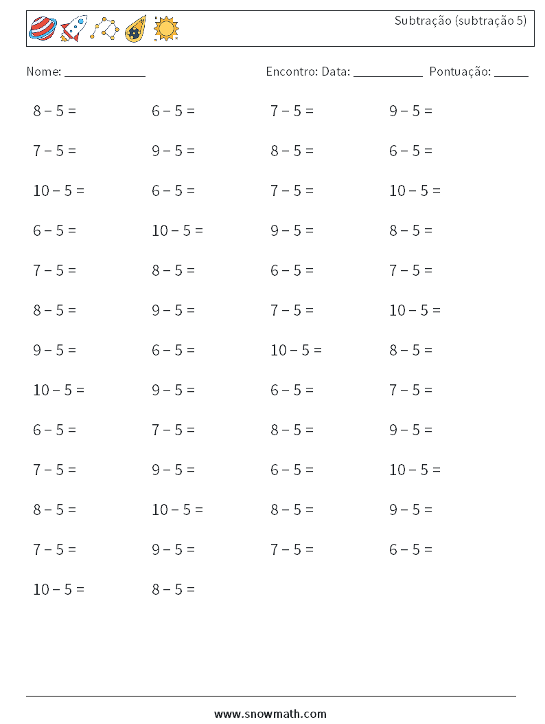 (50) Subtração (subtração 5) planilhas matemáticas 7