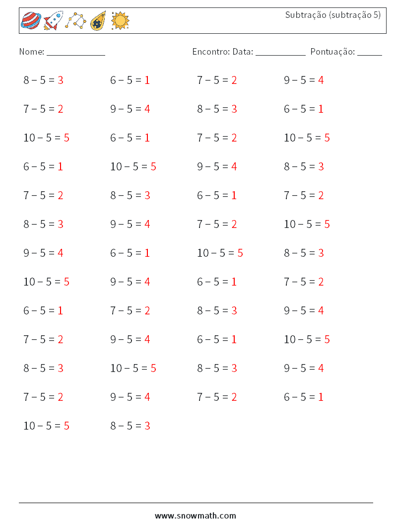 (50) Subtração (subtração 5) planilhas matemáticas 7 Pergunta, Resposta