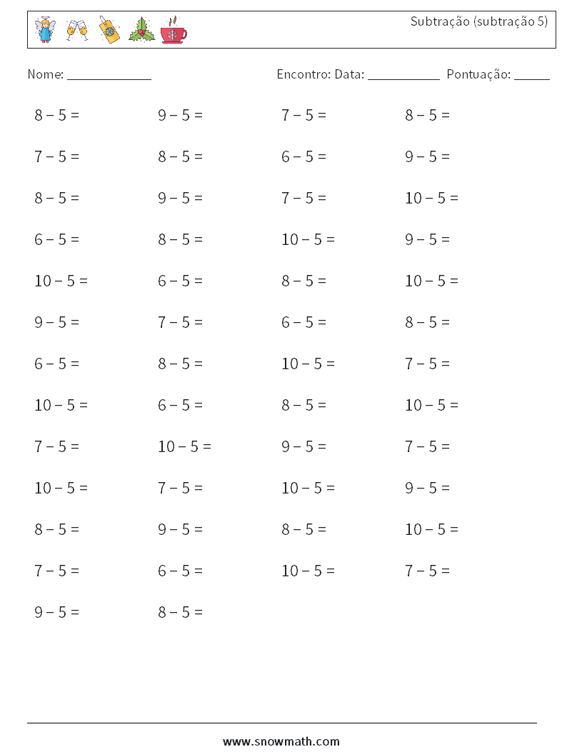 (50) Subtração (subtração 5) planilhas matemáticas 8