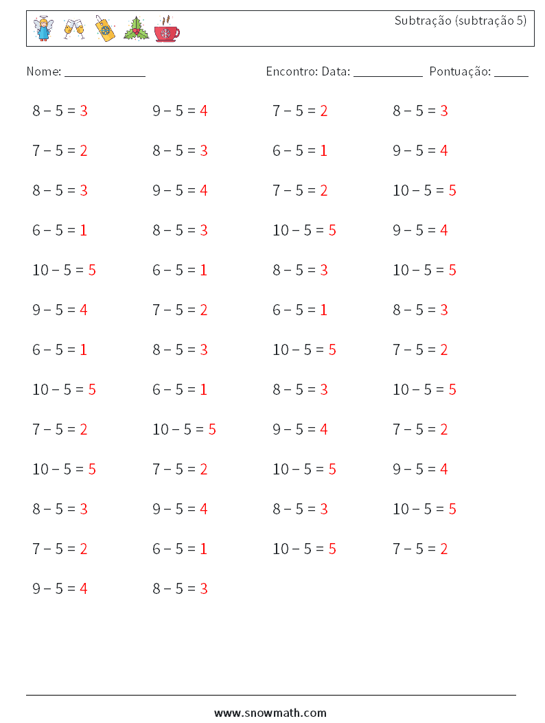 (50) Subtração (subtração 5) planilhas matemáticas 8 Pergunta, Resposta