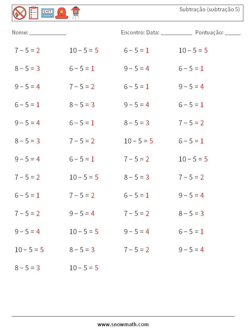 (50) Subtração (subtração 5) planilhas matemáticas 9 Pergunta, Resposta