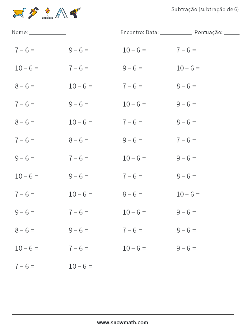 (50) Subtração (subtração de 6) planilhas matemáticas 1