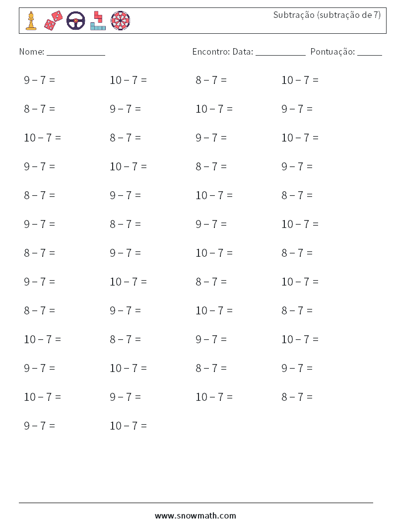 (50) Subtração (subtração de 7) planilhas matemáticas 1