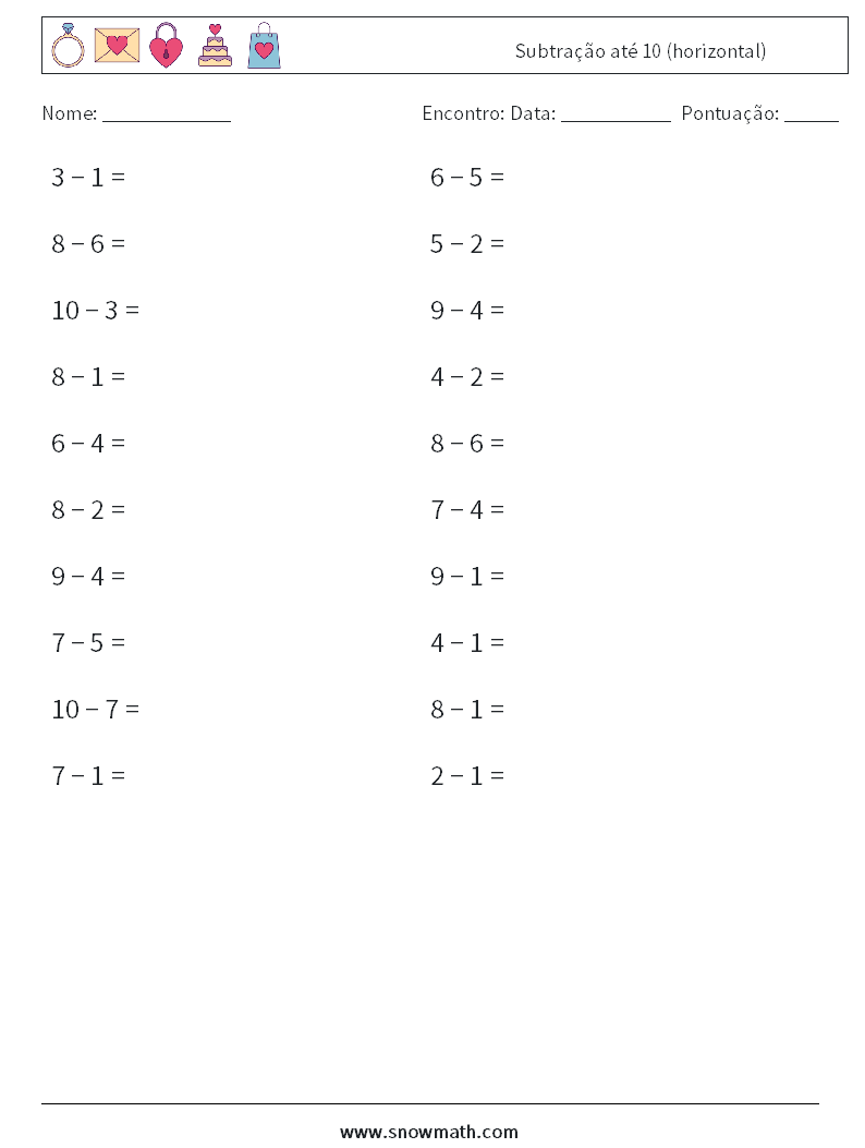 (20) Subtração até 10 (horizontal) planilhas matemáticas 1