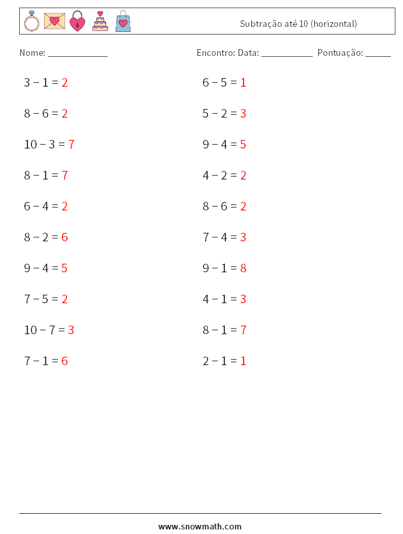 (20) Subtração até 10 (horizontal) planilhas matemáticas 1 Pergunta, Resposta