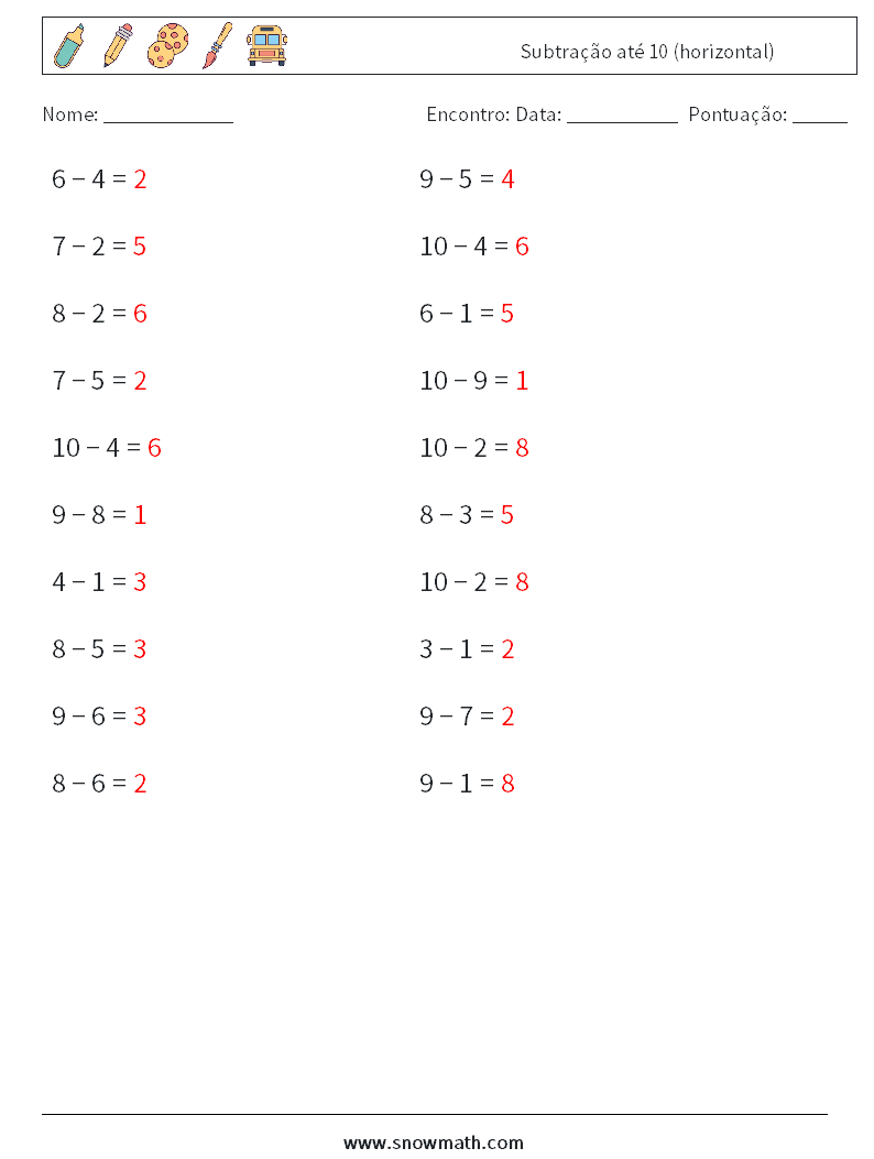 (20) Subtração até 10 (horizontal) planilhas matemáticas 2 Pergunta, Resposta
