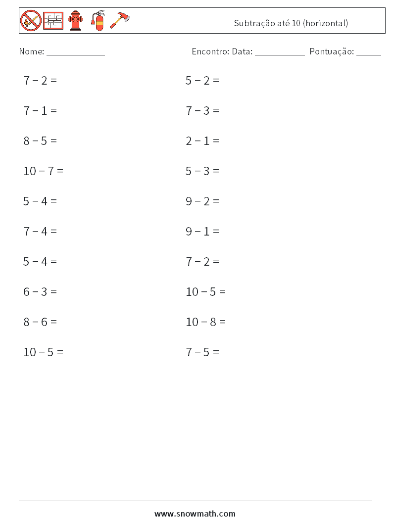 (20) Subtração até 10 (horizontal) planilhas matemáticas 3