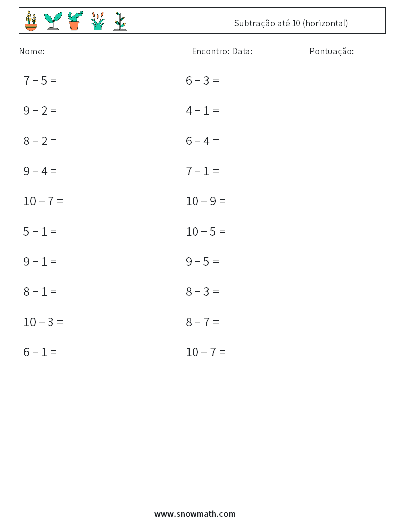 (20) Subtração até 10 (horizontal) planilhas matemáticas 4