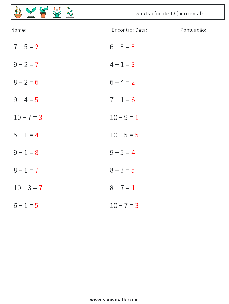 (20) Subtração até 10 (horizontal) planilhas matemáticas 4 Pergunta, Resposta