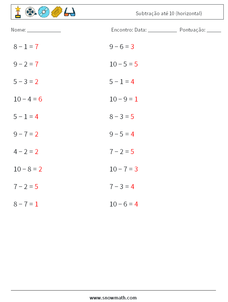 (20) Subtração até 10 (horizontal) planilhas matemáticas 5 Pergunta, Resposta