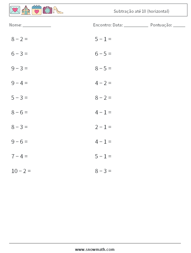 (20) Subtração até 10 (horizontal) planilhas matemáticas 6