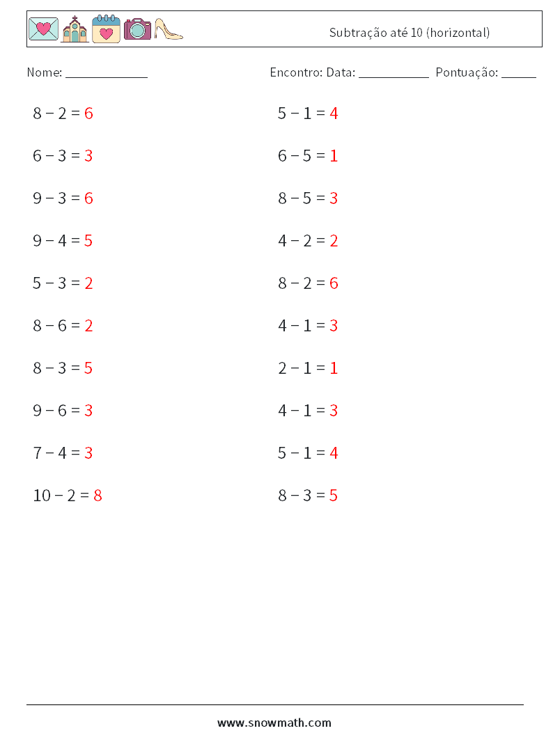 (20) Subtração até 10 (horizontal) planilhas matemáticas 6 Pergunta, Resposta