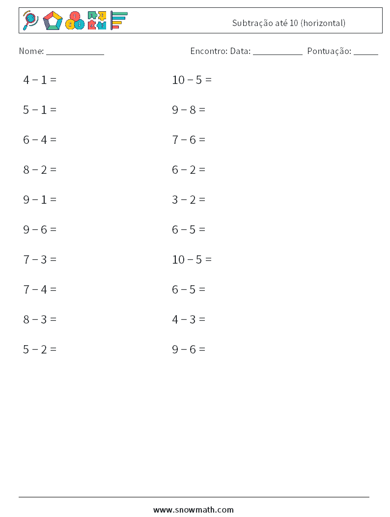 (20) Subtração até 10 (horizontal) planilhas matemáticas 7