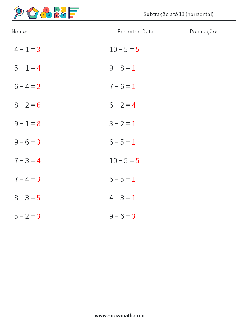 (20) Subtração até 10 (horizontal) planilhas matemáticas 7 Pergunta, Resposta