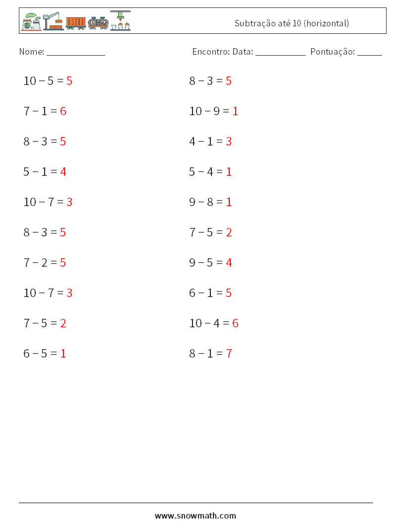 (20) Subtração até 10 (horizontal) planilhas matemáticas 8 Pergunta, Resposta