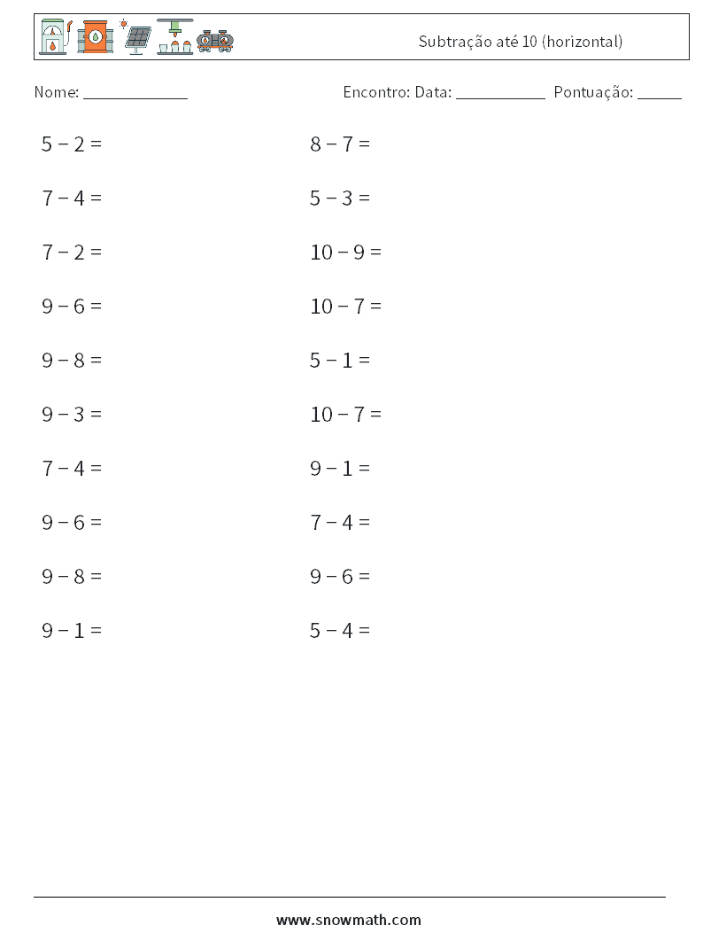 (20) Subtração até 10 (horizontal) planilhas matemáticas 9