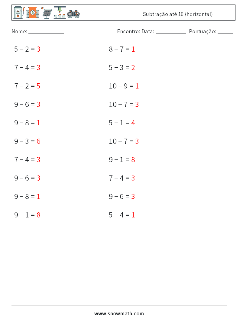 (20) Subtração até 10 (horizontal) planilhas matemáticas 9 Pergunta, Resposta