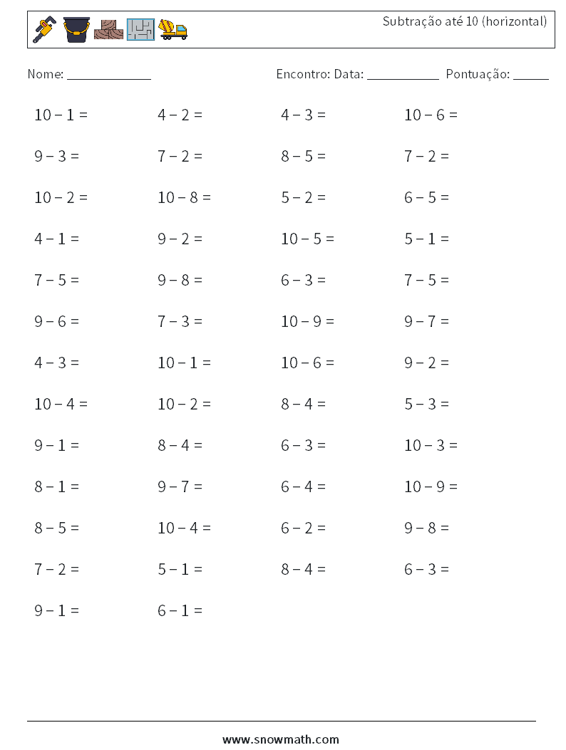 (50) Subtração até 10 (horizontal) planilhas matemáticas 6