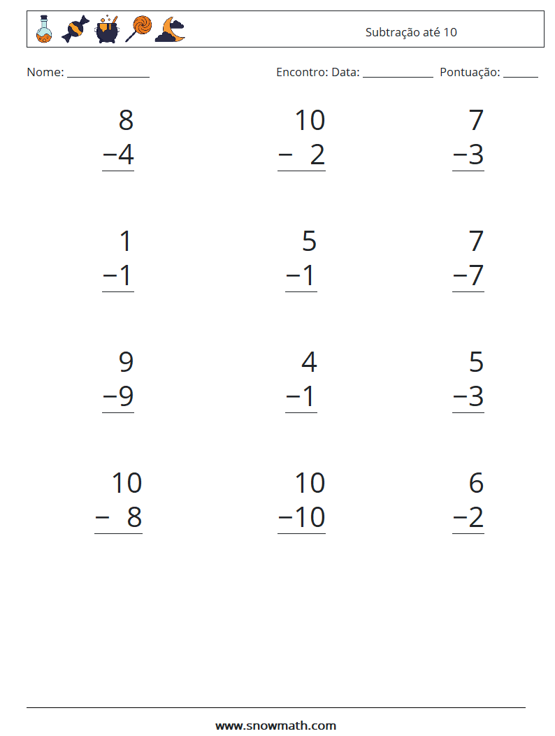 (12) Subtração até 10 planilhas matemáticas 1