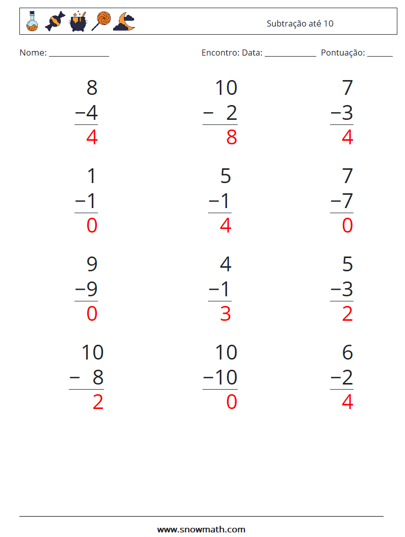 (12) Subtração até 10 planilhas matemáticas 1 Pergunta, Resposta