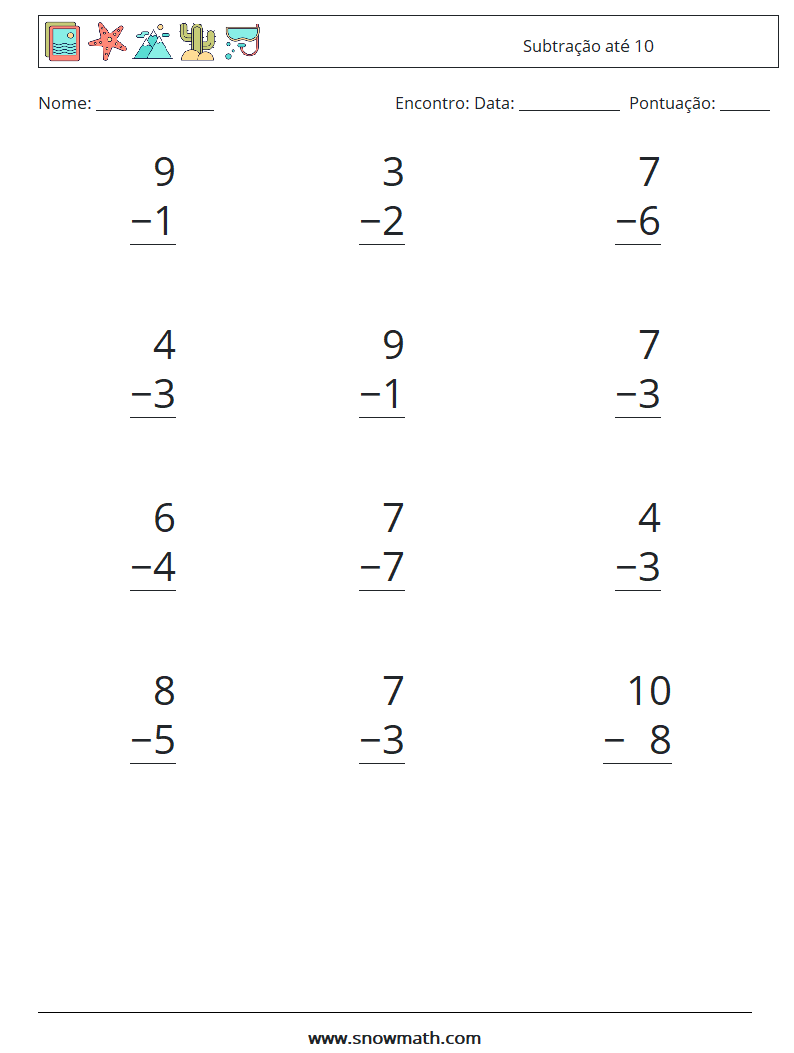 (12) Subtração até 10 planilhas matemáticas 2