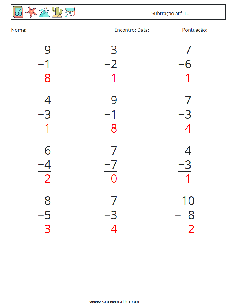 (12) Subtração até 10 planilhas matemáticas 2 Pergunta, Resposta