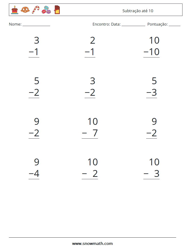 (12) Subtração até 10 planilhas matemáticas 3