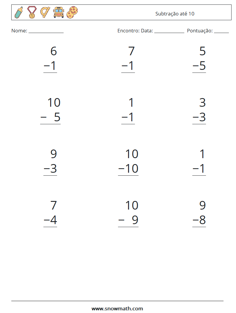 (12) Subtração até 10 planilhas matemáticas 4