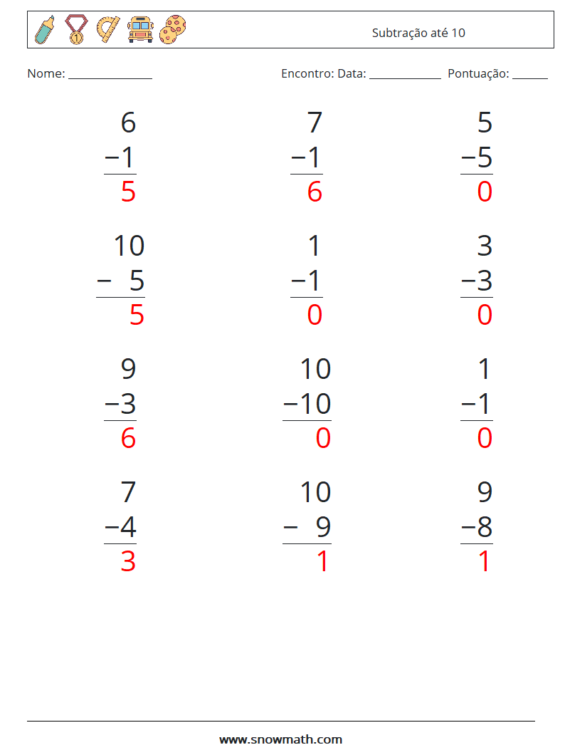 (12) Subtração até 10 planilhas matemáticas 4 Pergunta, Resposta