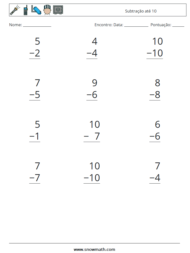 (12) Subtração até 10 planilhas matemáticas 5