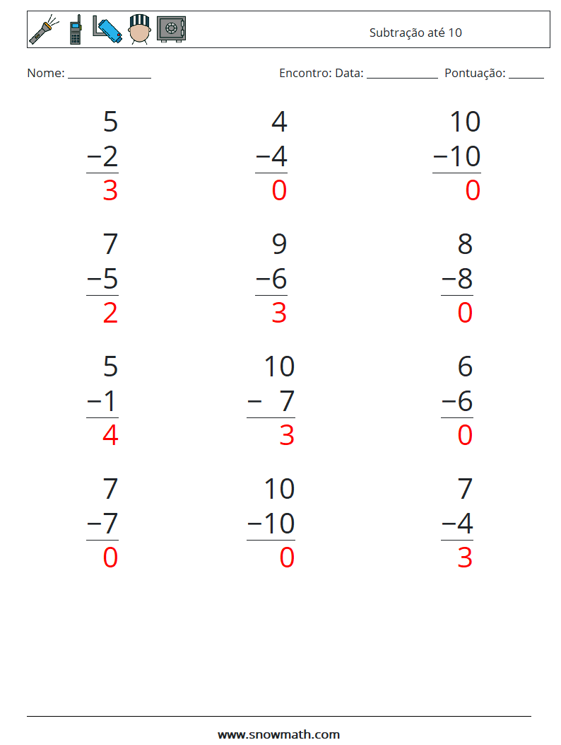 (12) Subtração até 10 planilhas matemáticas 5 Pergunta, Resposta