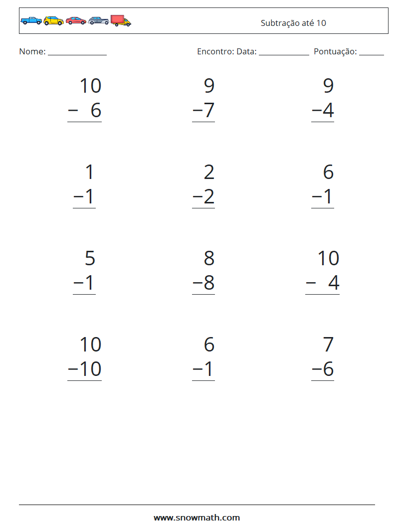 (12) Subtração até 10 planilhas matemáticas 6