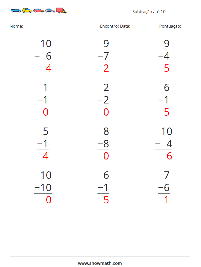 (12) Subtração até 10 planilhas matemáticas 6 Pergunta, Resposta