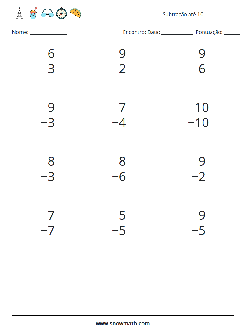 (12) Subtração até 10 planilhas matemáticas 7