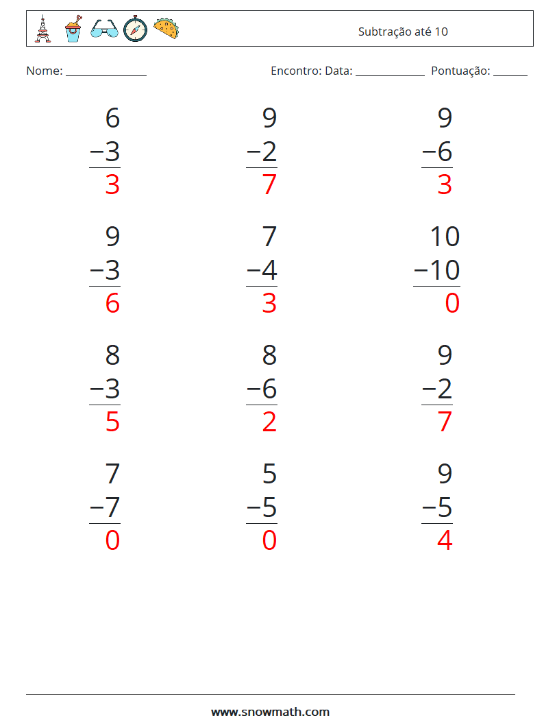(12) Subtração até 10 planilhas matemáticas 7 Pergunta, Resposta