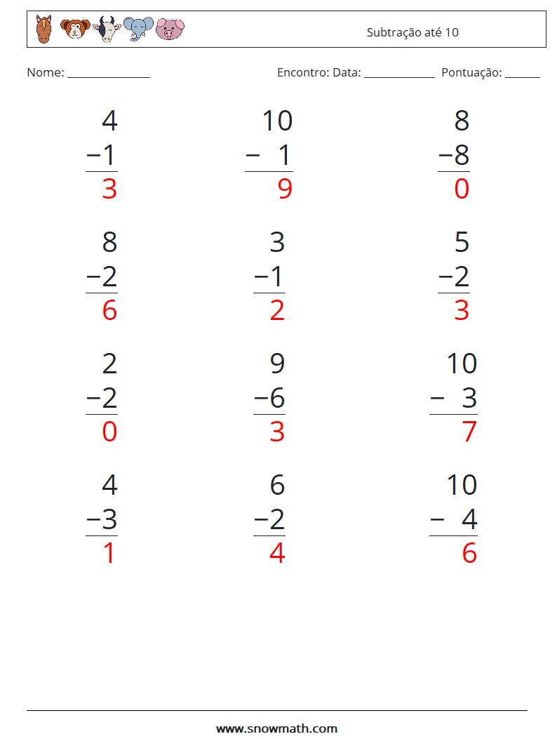 (12) Subtração até 10 planilhas matemáticas 8 Pergunta, Resposta
