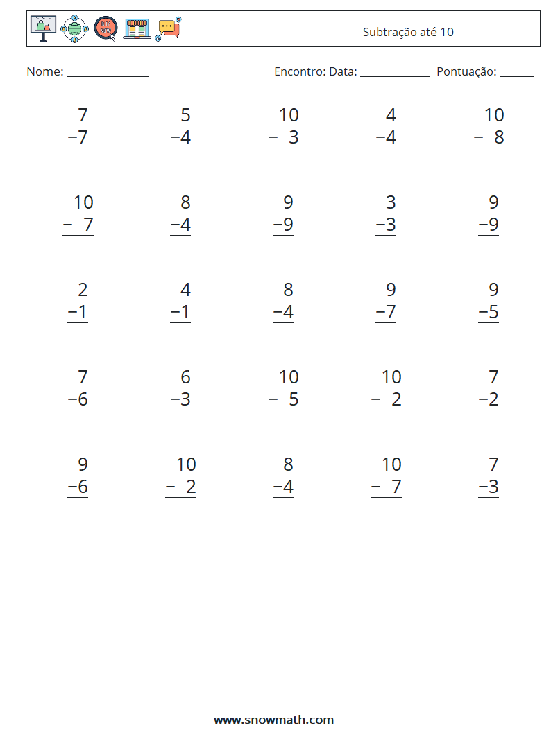 (25) Subtração até 10 planilhas matemáticas 1