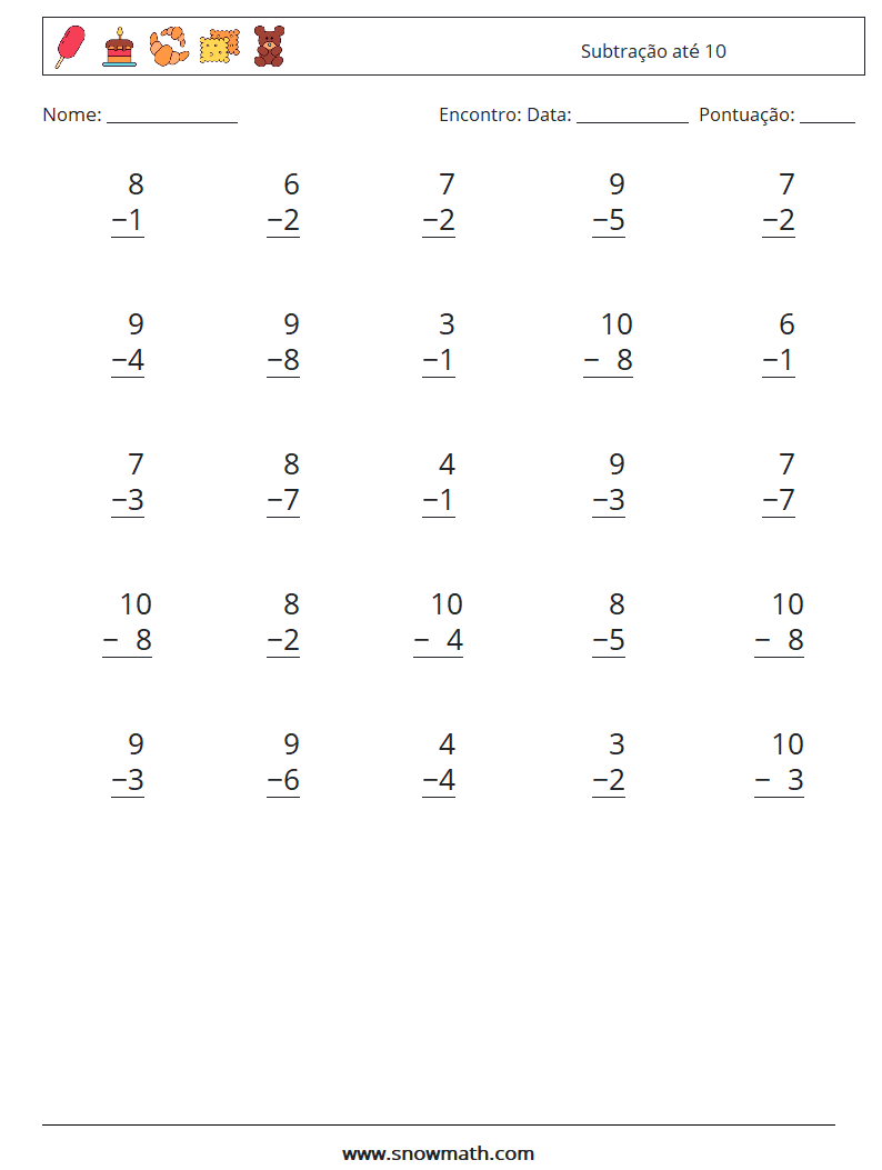 (25) Subtração até 10 planilhas matemáticas 2