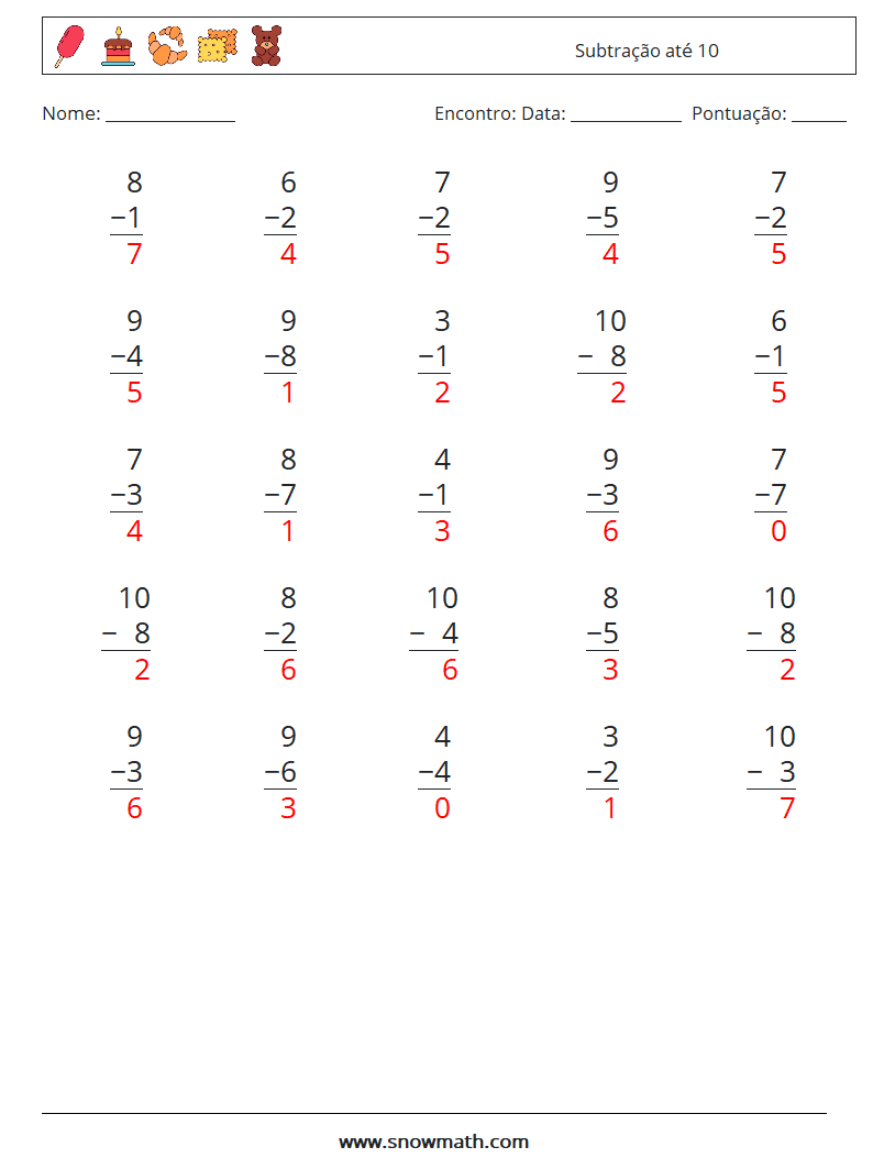 (25) Subtração até 10 planilhas matemáticas 2 Pergunta, Resposta