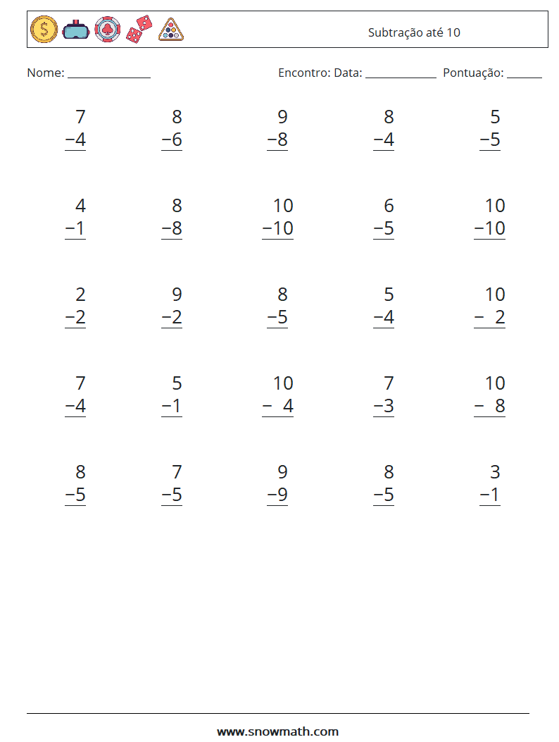 (25) Subtração até 10 planilhas matemáticas 3